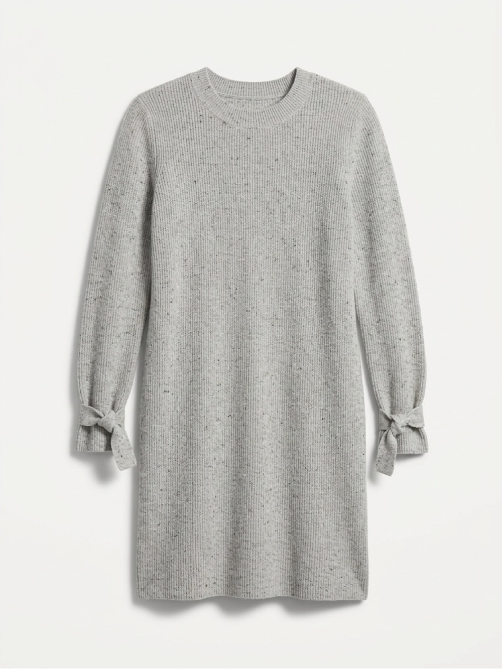 LOFT Gray Marled Knit Sweater Dress L Long Sleeve Bow Tie Cuff Crew Neck Shift